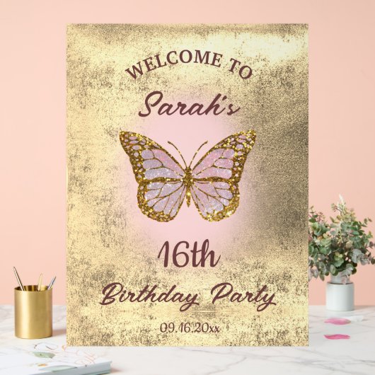 Faux folie achtergrond vlinder welkom acryl bord (Huwelijk)