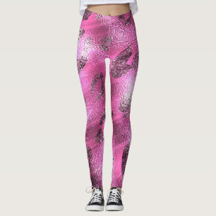 Faux Folie glanzend look zilver & roze luipaard pr Leggings