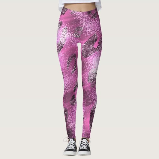 Faux Folie glanzend look zilver & roze luipaard pr Leggings (Voorkant)