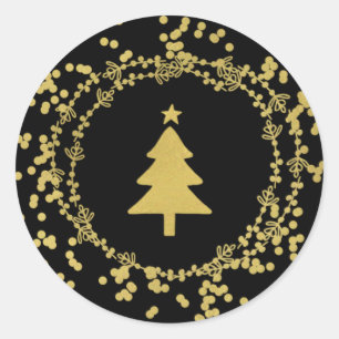 Faux Folie Kerstboom Ronde Sticker - Gouden Zwart