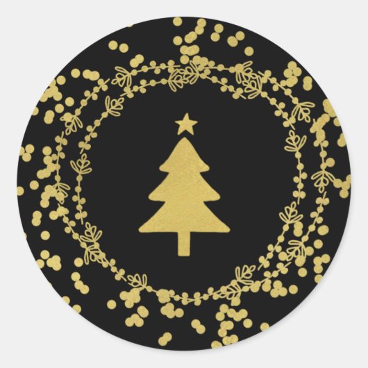 Faux Folie Kerstboom Ronde Sticker - Gouden Zwart (Voorkant)
