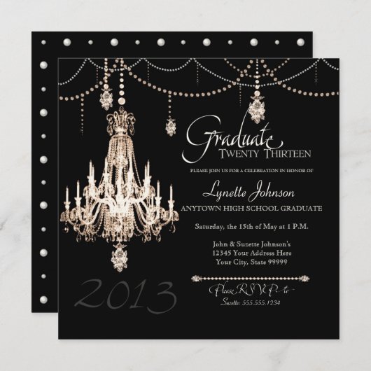 FAUX French Crystal Chandelier Draped Pearls Party Kaart (Voorkant / Achterkant)