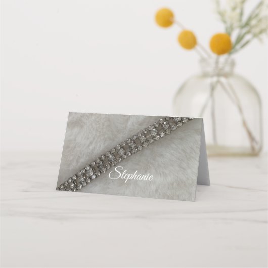 Faux Fur en Diamond Pareltjes Place Card Plaatskaartje (Voorkant)