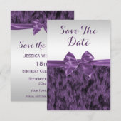 Faux Fur & Paarse Bow Birthday Save the Date (Voorkant / Achterkant)