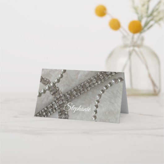 Faux Fur Pearls en Diamond Place Card Plaatskaartje (Voorkant)