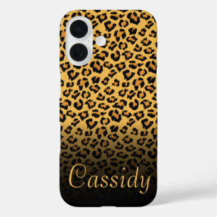 Faux Fur Wild Leopard Print met Gold Name iPhone 16 Hoesje