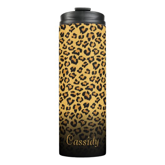 Faux Fur Wild Leopard Print met Gold Name Thermosbeker (Voorkant)