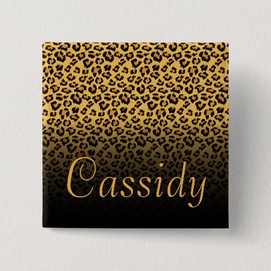Faux Fur Wild Leopard Print met Gold Name Vierkante Button 5,1 Cm (Voorkant)