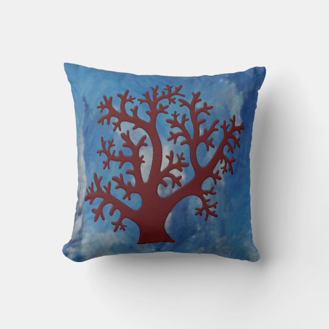 Faux geborduurd rood koraal op blauw Abstract Kussen (Voorkant)