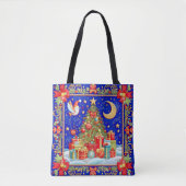 Faux geborduurde look versierd kerstboom tote bag (Voorkant)