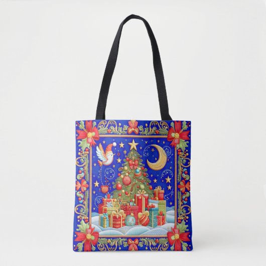 Faux geborduurde look versierd kerstboom tote bag (Voorkant)