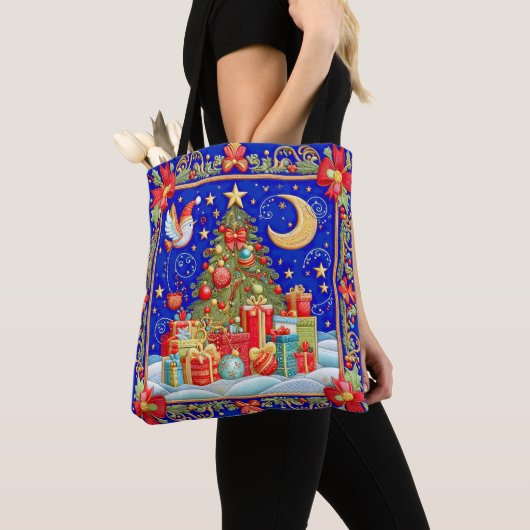 Faux geborduurde look versierd kerstboom tote bag (Dichtbij)