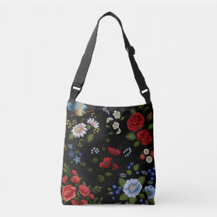 Faux geborduurde rood & blauw bloemen Canvas tas