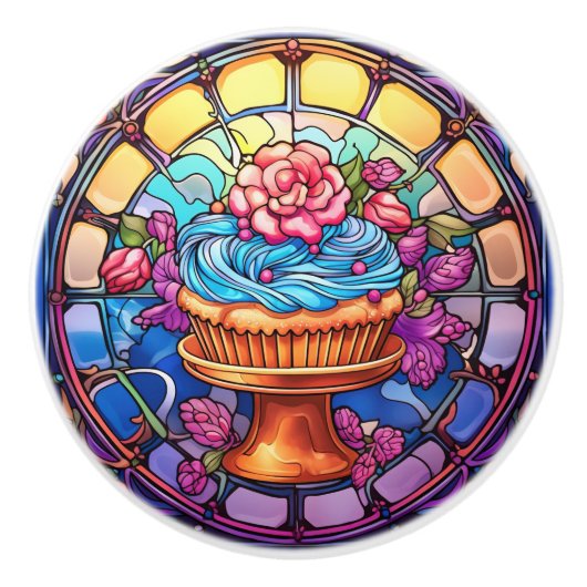 Faux gebrandschilderd glas cupcake keuken keramische knop (Voorkant)