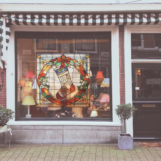 Faux gebrandschilderd-glas kerstkous groot raamsticker