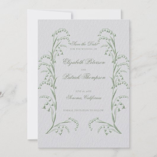 Faux gegraveerd Lily Valley Green formele bruiloft Save The Date (Voorkant)