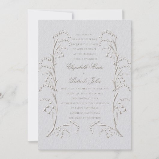 Faux gegraveerd Lily Valley Ivory formele bruiloft Kaart (Voorkant)