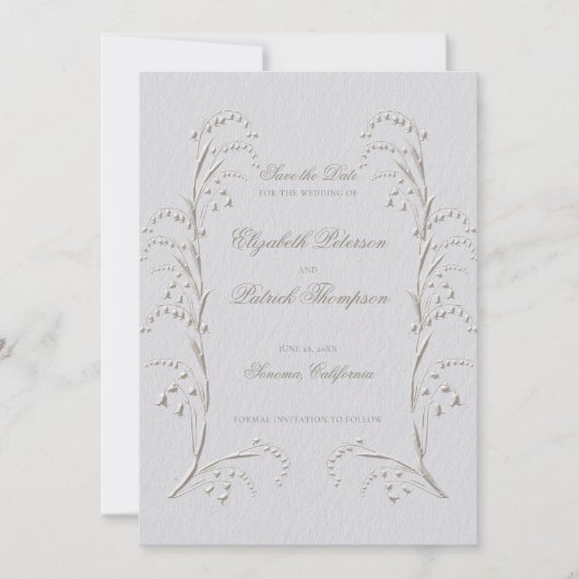 Faux gegraveerd Lily Valley Ivory formele bruiloft Save The Date (Voorkant)