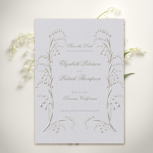 Faux gegraveerd Lily Valley Ivory formele bruiloft Save The Date