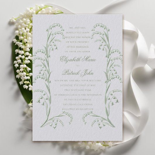 Faux gegraveerd Lily Valley Ivory Green Wedding Kaart