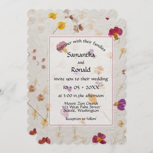 Faux geperste bloemen papier stijl bruiloft kaart (Voorkant / Achterkant)