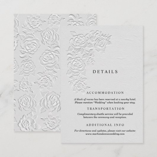 Faux geprägte witte rozen trouwdetails kaart (Voorkant / Achterkant)