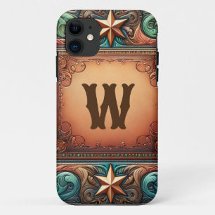 Faux Gereed Leather Turquoise Brown Custom Initiaa Case-Mate iPhone Case