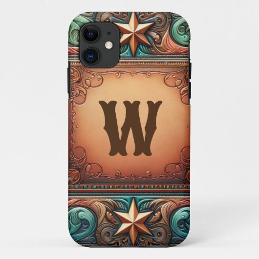 Faux Gereed Leather Turquoise Brown Custom Initiaa Case-Mate iPhone Case (Achterkant)