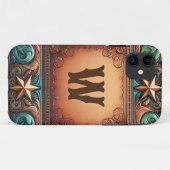 Faux Gereed Leather Turquoise Brown Custom Initiaa Case-Mate iPhone Case (Achterkant (horizontaal))