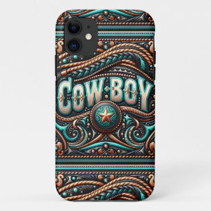 Faux Gereedgemaakte lederen Turquoise bruine cowbo Case-Mate iPhone Case