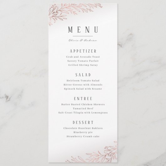 Faux gilded roos gold botanical elegant bruiloft menu (Voorkant)