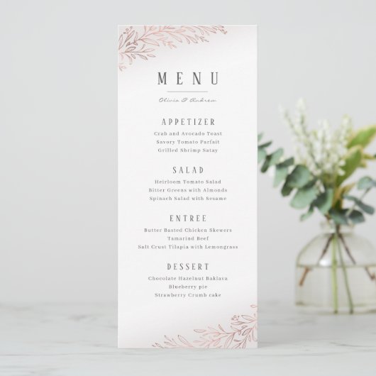 Faux gilded roos gold botanical elegant bruiloft menu (Staand voorkant)