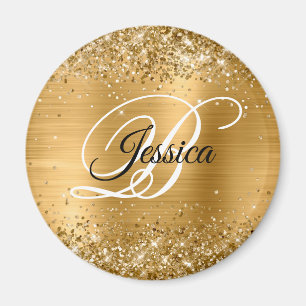 Faux Glanzend Goud Glitter Folie Monogram Magneet
