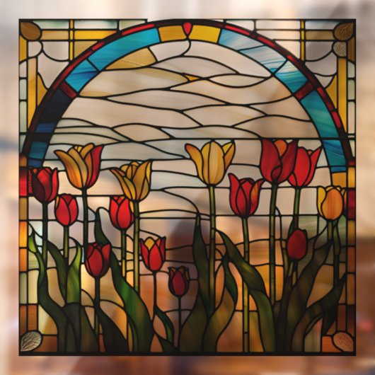 Faux Glas in lood bloeiende tulpentuin Raamsticker (Vel 2)