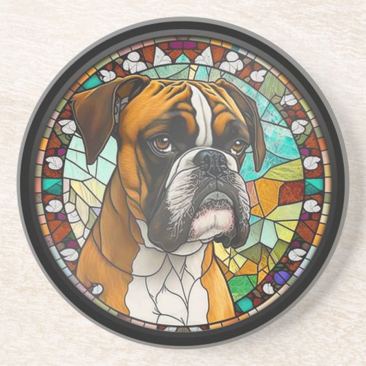 Faux Glas in lood Boxer Dog Zandsteen Onderzetter (Voorkant)