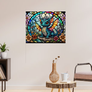 Faux Glas in lood Dragon met Flowers Poster