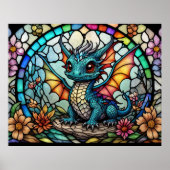 Faux Glas in lood Dragon met Flowers Poster (Voorkant)