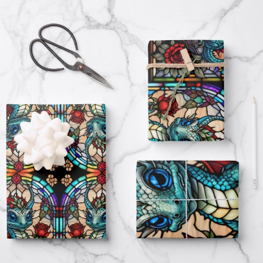 Faux Glas in lood Dragon met Roos Inpakpapier Vel (Voorkant)