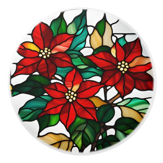 Faux Glas in lood Poinsettia Keramische Knop (Voorkant)