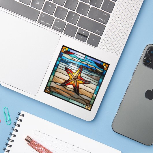 Faux Glas in lood Starfish Sticker (Laptop met iPhone)