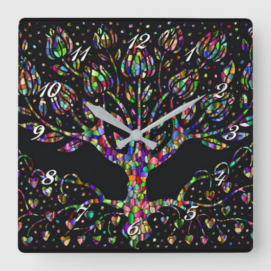 Faux Glas in lood Tree of Prosperity Square Clock Vierkante Klok (Voorkant)