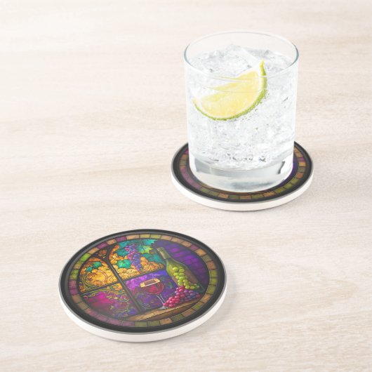 Faux Glas in lood Wijnglas, Fles en Druiven Zandsteen Onderzetter (Zijkant)