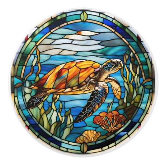 Faux Glas in lood Zee Turtle Keramische Knop (Voorkant)