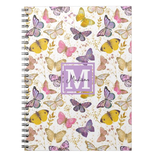 Faux Gliitter Butterflies Monogram Naam Notitieboek (Voorkant)