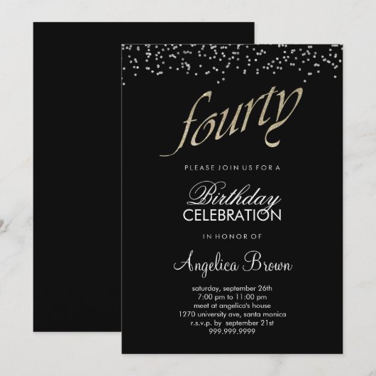 Faux Glitter 40th Birthday Invitation Kaart (Voorkant / Achterkant)