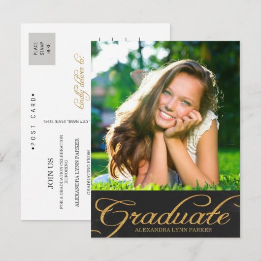 Faux Glitter Afstuderen Nodig Briefkaart/Zwart uit Uitnodiging Briefkaart (Voorkant / Achterkant)