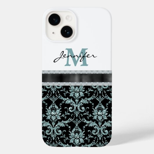 Faux Glitter Aqua Damask Monogram Case-Mate iPhone Case (Achterkant)