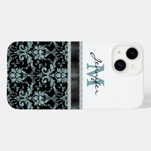 Faux Glitter Aqua Damask Monogram Case-Mate iPhone Case (Achterkant (horizontaal))