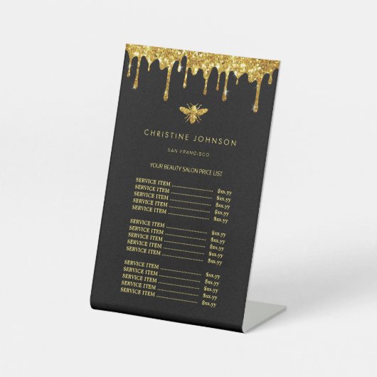 Faux Glitter Bee prijslijst voetstuk teken Reclamebord Met Voetstuk (Voorkant)