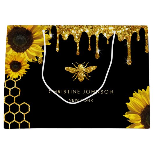 Faux glitter bij en zonnebloemen groot cadeauzakje (Voorkant)